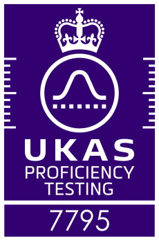 UKAS Accreditation Symbol White On Purple Proficiency Testing